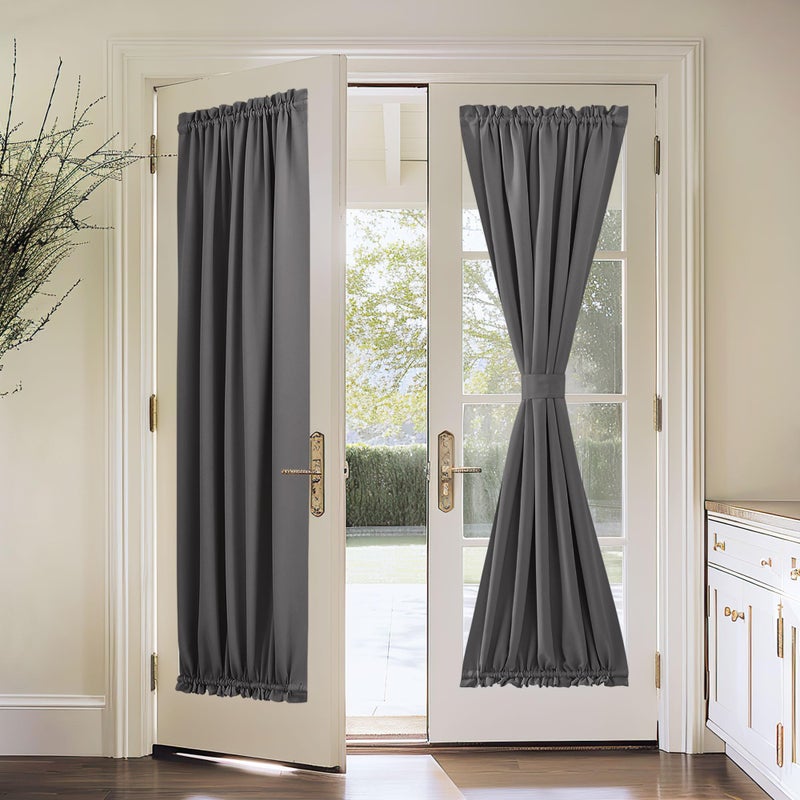 PONY DANCE Gray Door Curtain - Thermal Insulated Rod Pocket Blackout Privacy French Door Panel with Tieback, 54 inch Wide by 72 inch Long, Grey, 1 PC - Image 1